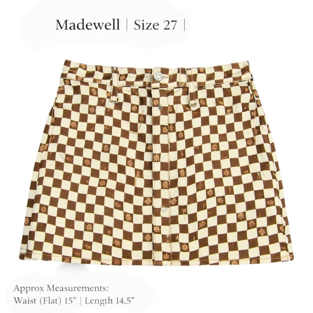 Madewell Size 27/S Brown Checkerboard Mini Skirt NWT 100% Cotton Button Front